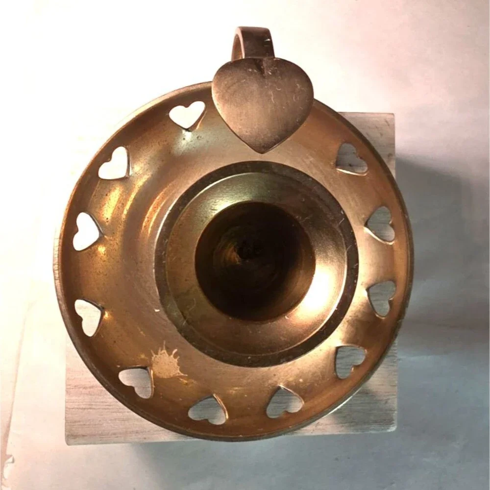 Vintage Solid Brass Candle Holder Chamberstick Heart Cut Outs Handle Taper 3.75